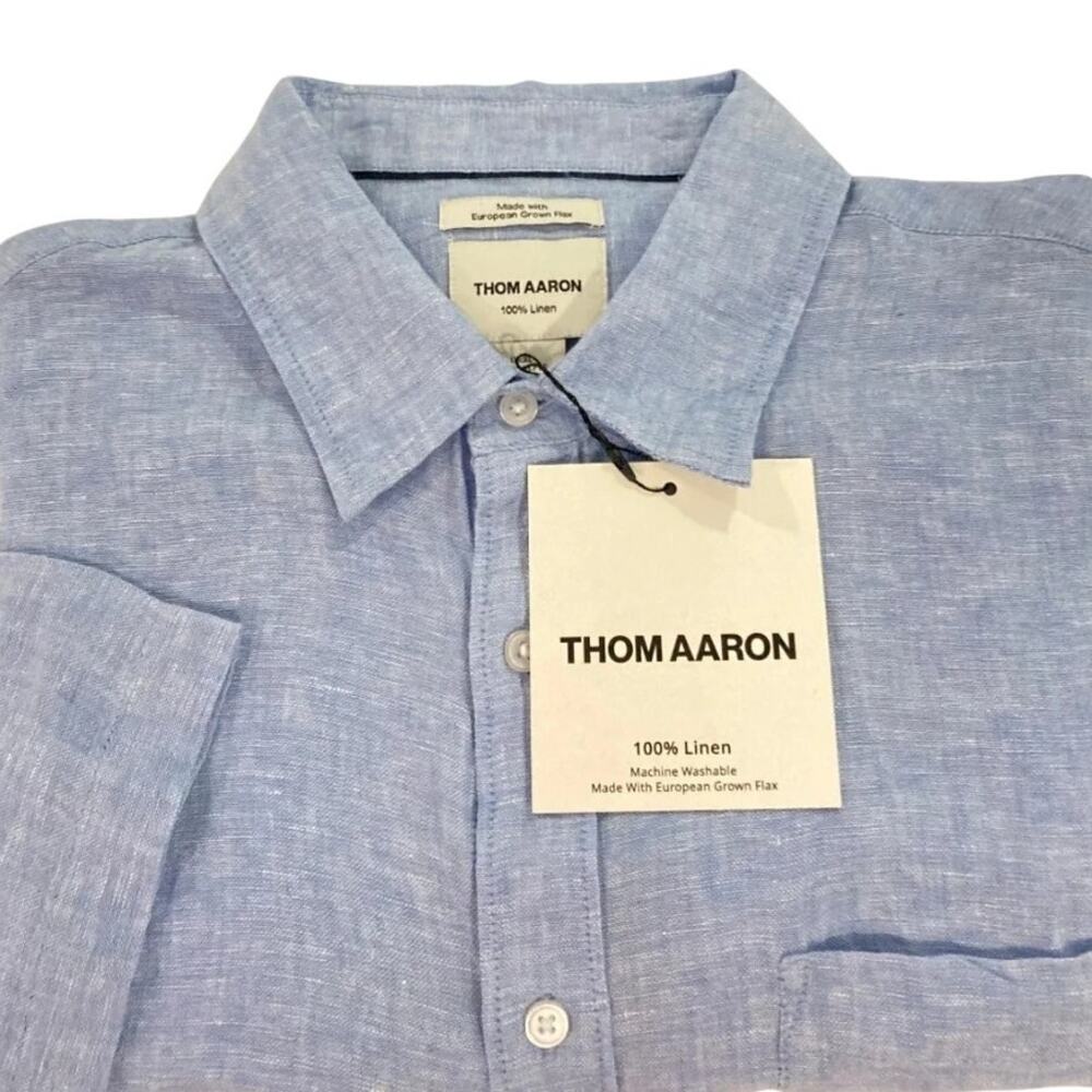 Thom Aaron Shirt Mens XL Blue 100% Linen S/S Button Up NWT Coastal Prep